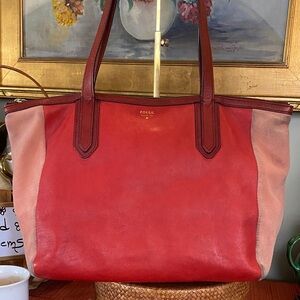 Fossil Sydney Shopper Tote Red/Salmon-colored suede side panels - Large